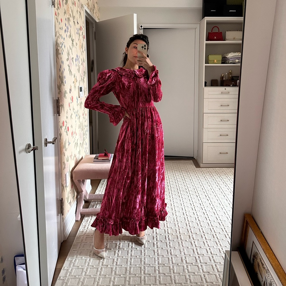 Batsheva Long Sleeve Velvet Ruffle Dress - Rose Pink